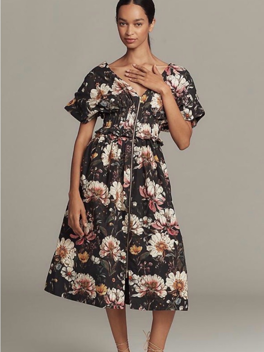 Anthropologie Black Floral V-Neck Maxi with White, Pink & Yellow Blooms